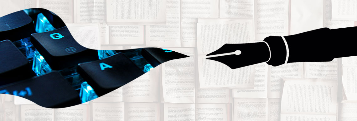 An illustration of a fountain pen with in emerging from it revealing a computer keyboard