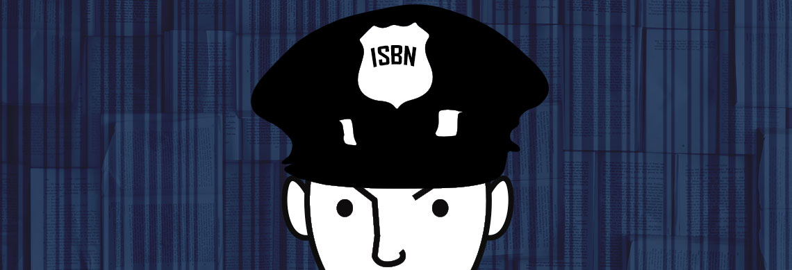 A cartoonish drawing of the upper part of a frowning policeman's face. The badge on his helmet has the letters ISBN