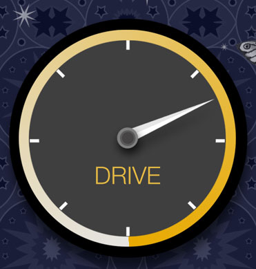 A mechanical dial labeled "DRIVE" with a needle pointing up and to the right. The rim is golden yellow