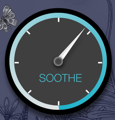 A mechanical dial with the label "SOOTHE" and a needle pointing up and to the right. The rim of the dial is pale blue